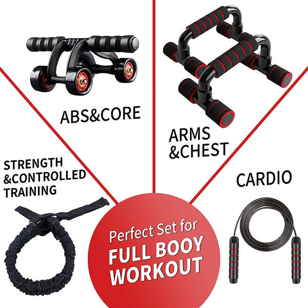 At Home Fitness Combo Kit – AB Roller with Knee Pad, Pushup Bar, Resistance Bands, and Skipping Rope