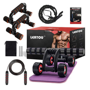 At Home Fitness Combo Kit – AB Roller with Knee Pad, Pushup Bar, Resistance Bands, and Skipping Rope