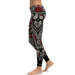 Red Rose Black Mandala Weave Yoga Workout Leggings